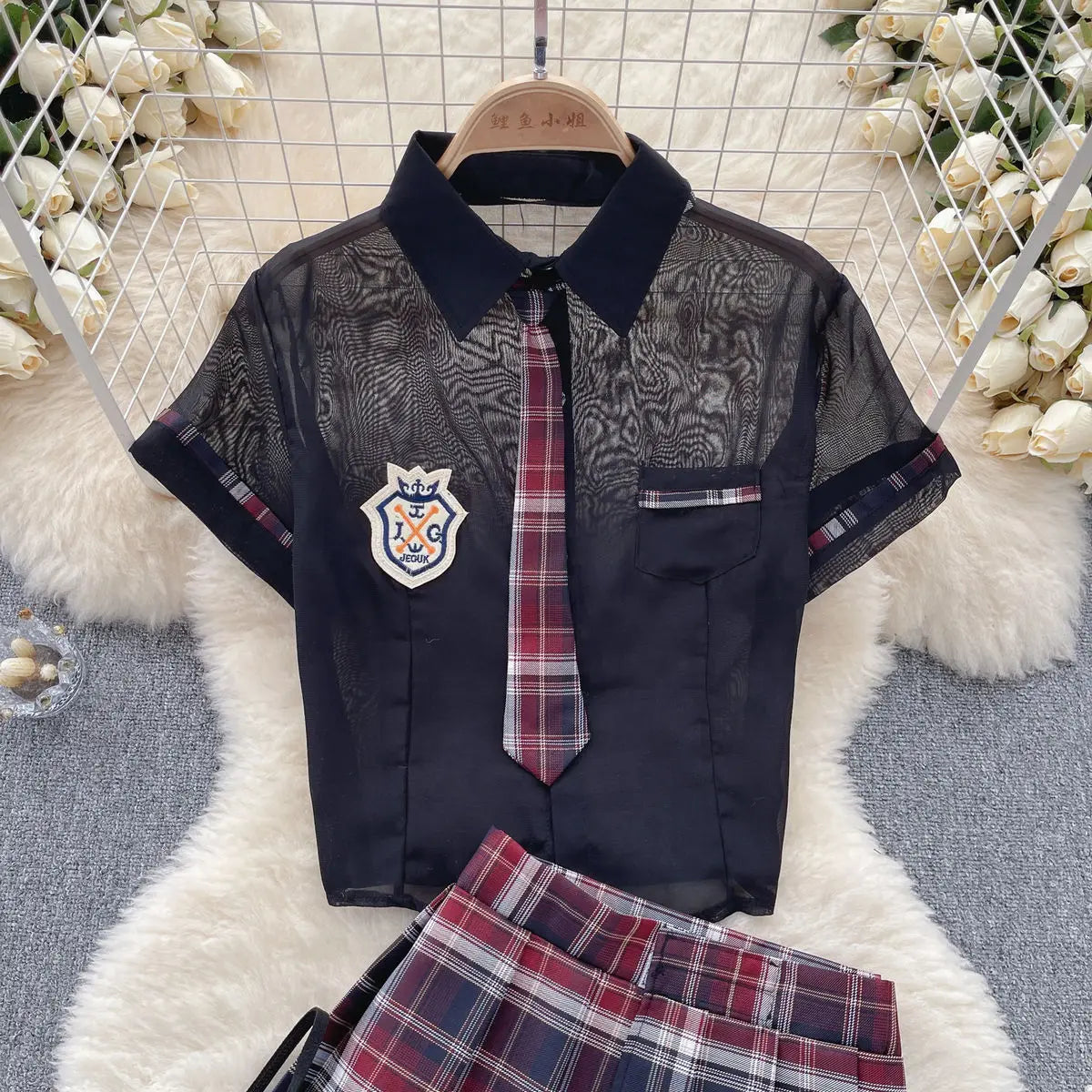 Sexy Preppy Style JK Set for Women Polo Neck See-Through Crop Top Plaid Pleated Short Skirt Student Cosplay Outfit