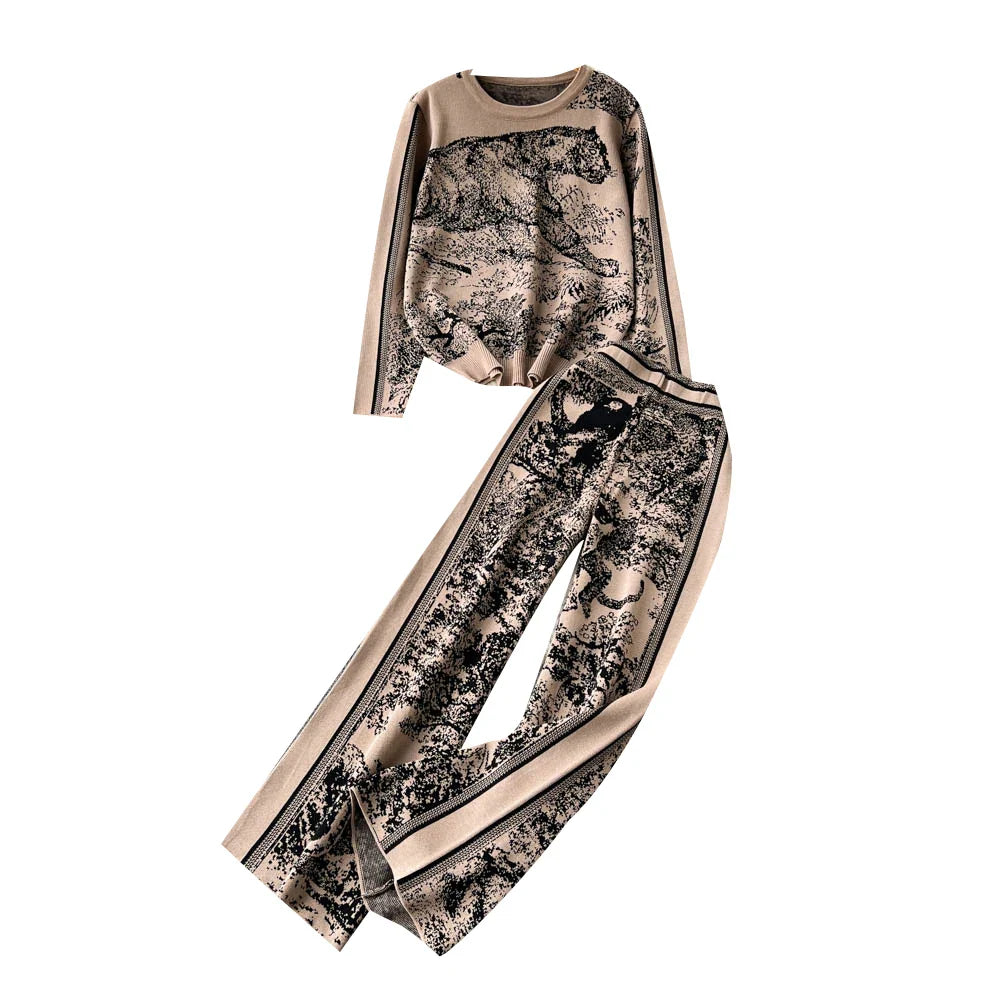 Casual Women Two Piece Knitted Tracksuit Set with Elegant Sweater and Pants for Winter Comfort