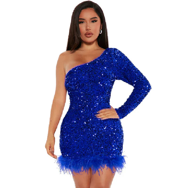 Elegant Off Shoulder Sequin Party Dress Long Sleeve