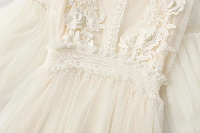 White Lace Mesh Dress With Lantern Sleeves For Women