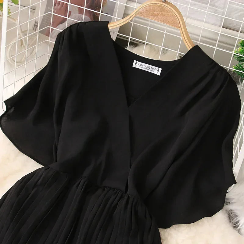 Chiffon Pleated Lace Up V Neck Dress For Women Summer