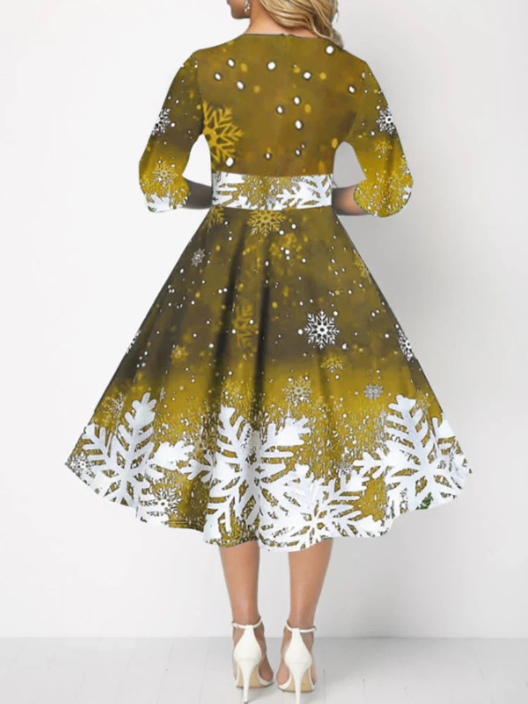 Elegant Autumn A Line Midi Dress O Neck High Waist Christmas