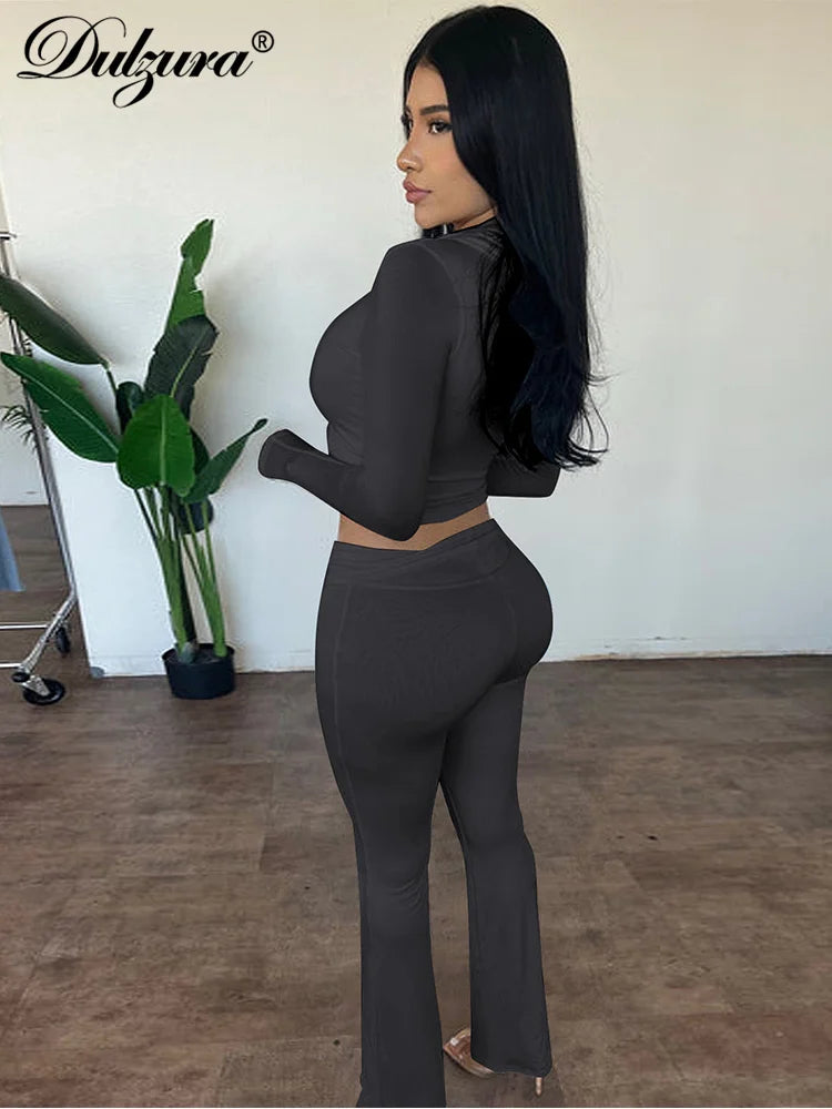 Solid Casual Sports 2 Piece Hoodie and Flare Pants Set for Women in Autumn and Winter Streetwear