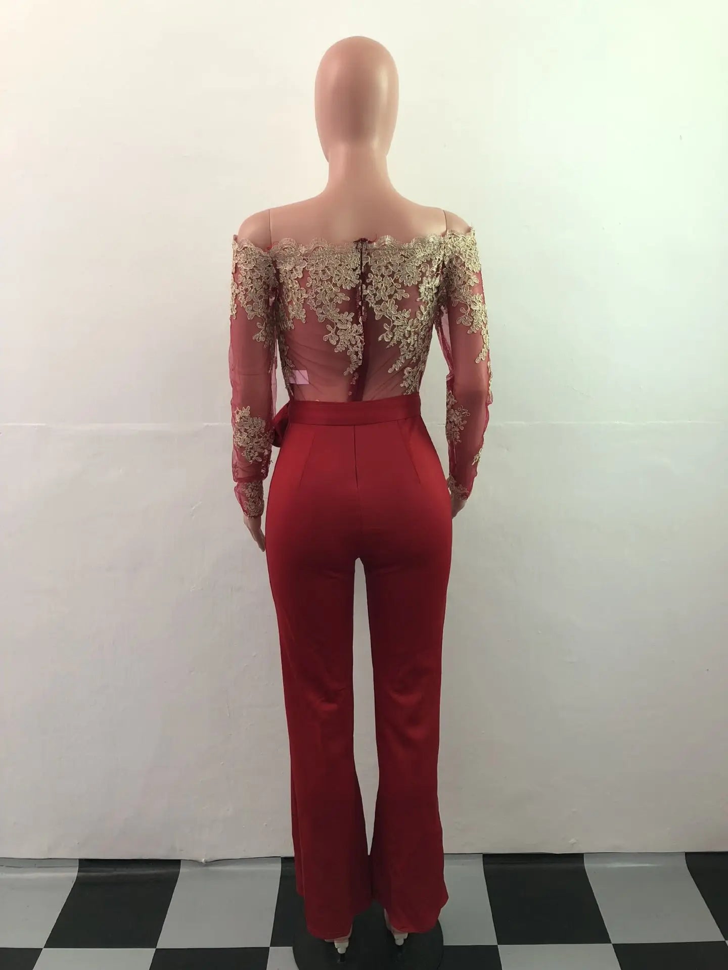 Appliques Lace Patchwork Off Shoulder Jumpsuit for Women with Slash Neck Long Sleeve and Elegant Wide Leg Pants Party Overalls