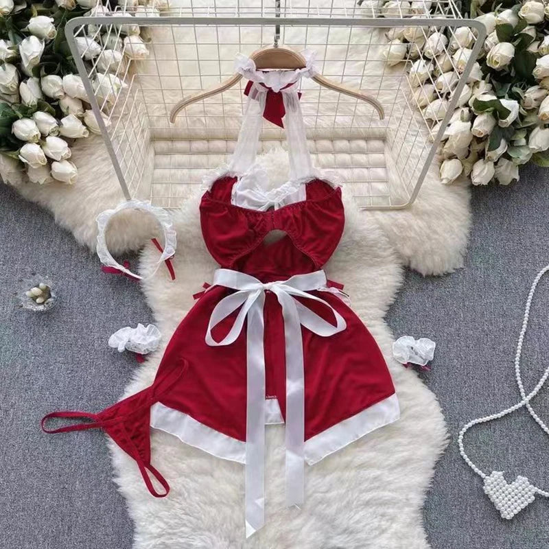 Maid Cosplay Nightwear Set Halter Hollow Out Thong