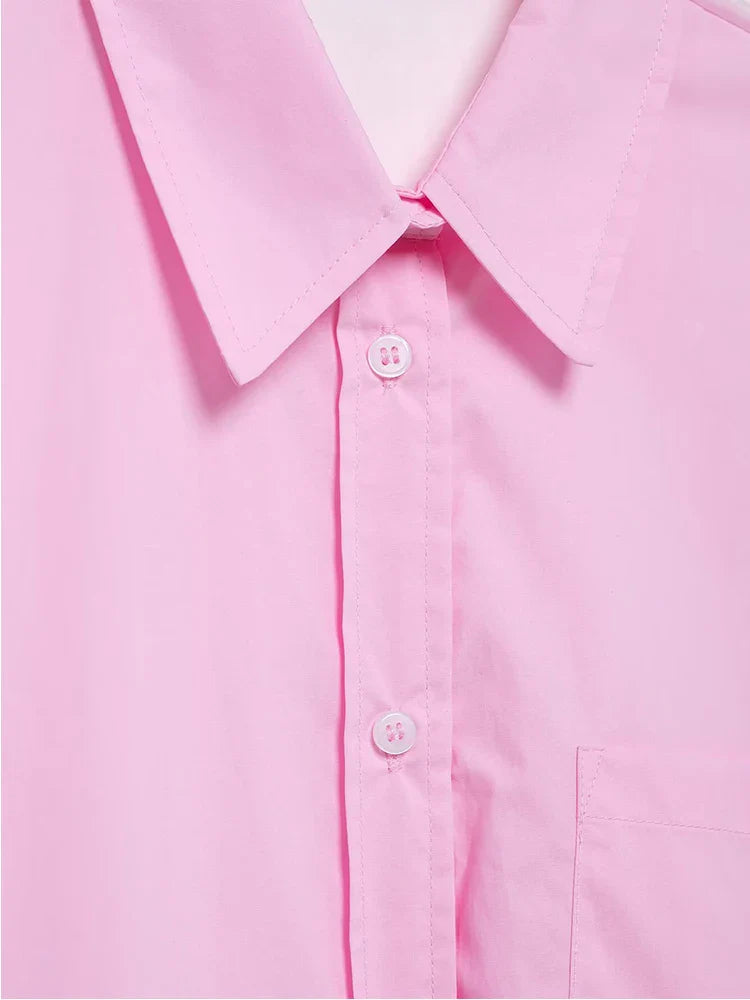 Women's Patchwork Translucent Blouse with Lace-Up Detail Casual Lapel Single-Breasted Long Loose Top for Spring and Summer