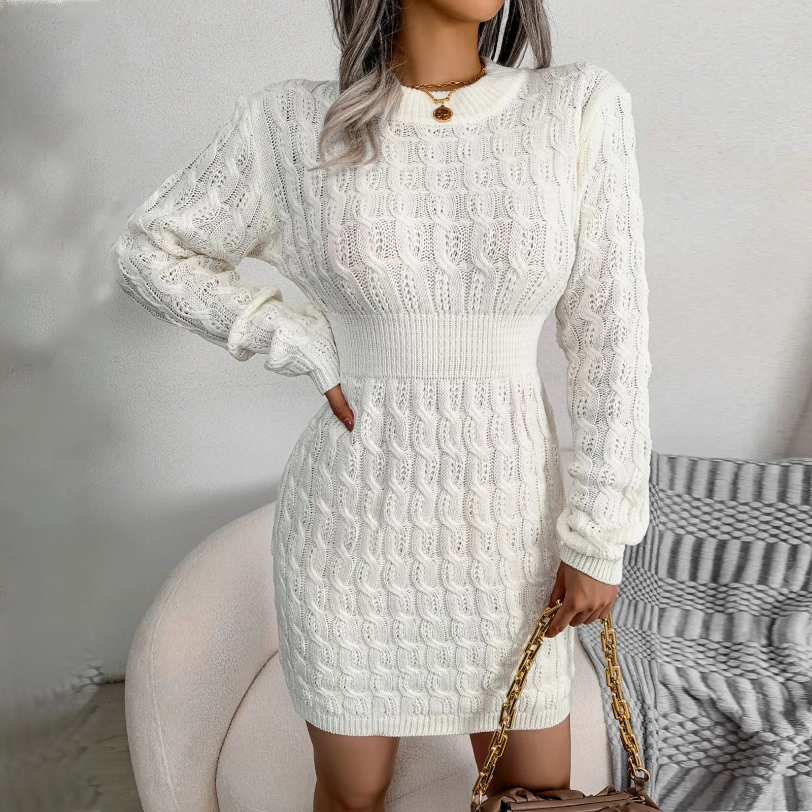 Autumn Winter Womens Round Neck High Waist Sweater Dress