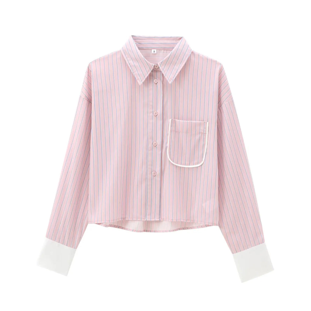 Women's Casual Striped Long Sleeve Short Shirt Simple Versatile Fashion Top