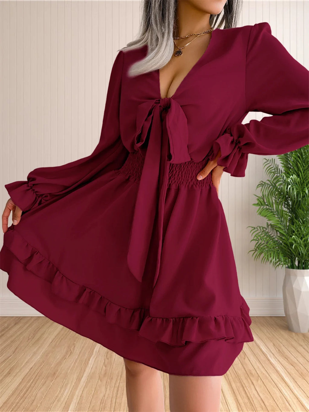 Womens V Neck Knot Front Smocked Waist Tiered Skater Dress