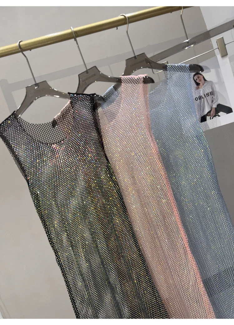 Rhinestone Mesh Midi Dress for Sexy Party and Clubwear
