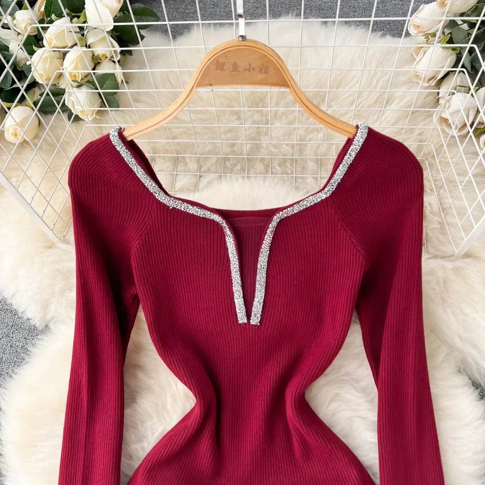 Knit Bodycon Dress For Women Long Sleeve Winter Sweater
