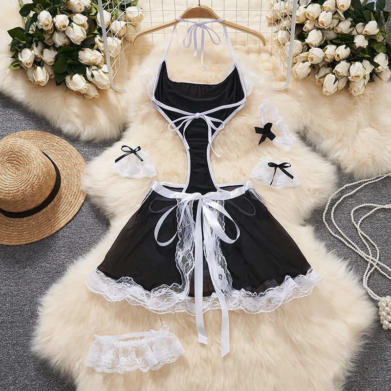Sexy Lace-Up Lingerie Bodysuit Set with Mini Skirt Backless Patchwork Lace Edge Hollow Cosplay Maid Uniform