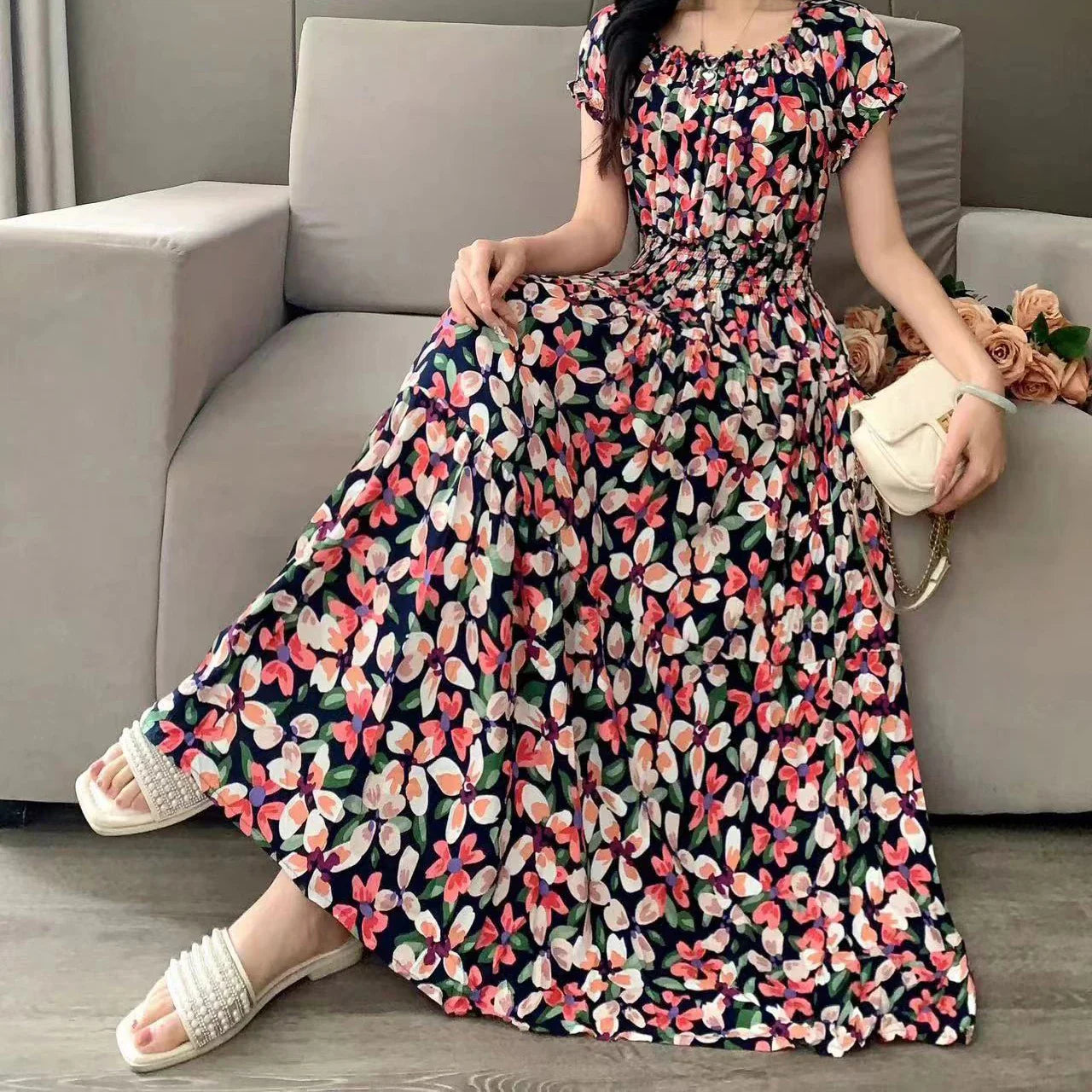 Boho Chic Midi Dress With Slash Neck Romantic Print