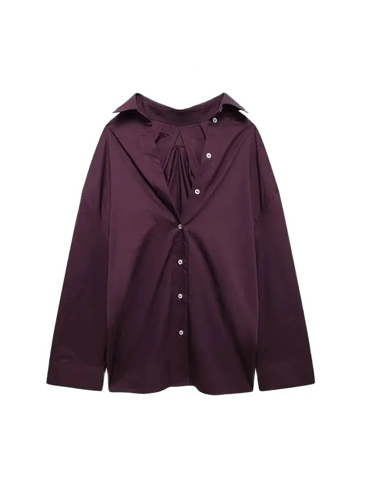 Oversized Pleated Back Long Sleeve Button-Up Shirt for Women Chic Fashion Blouse Top