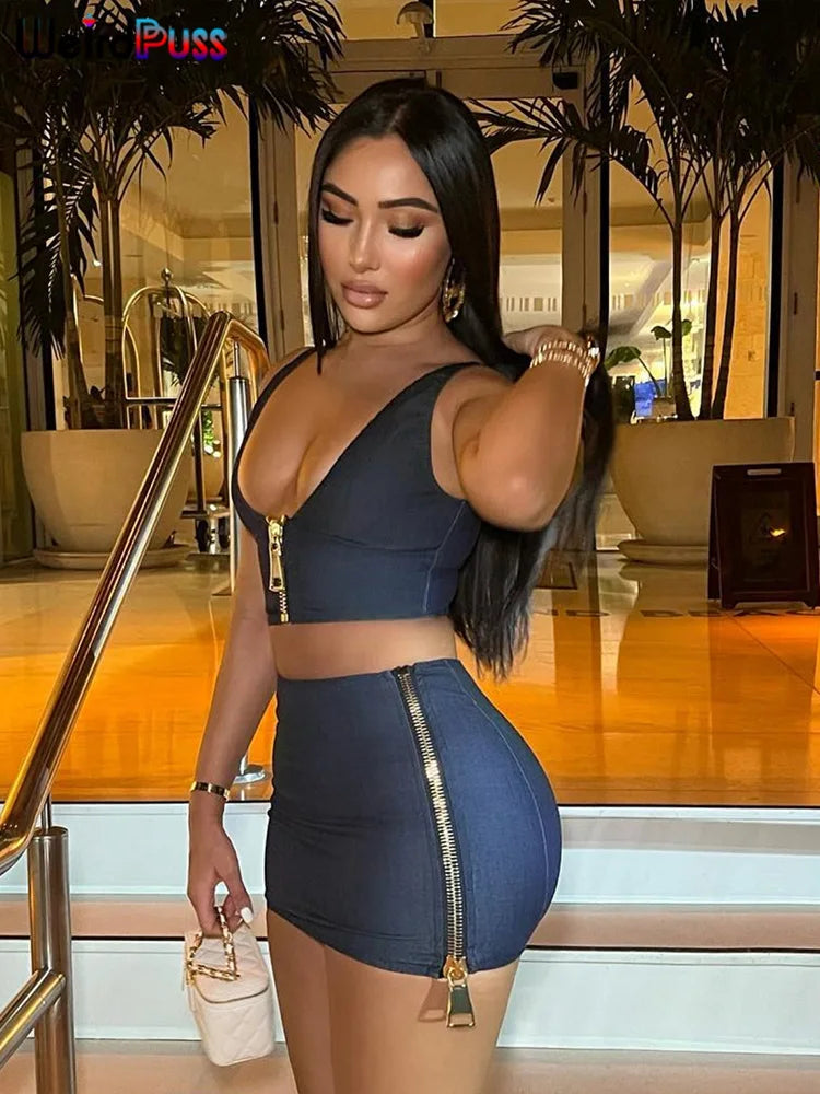 Weird Puss Solid 2 Piece Set Women Low-Neck Zipper Tank Top and Peach Hip Skirt Stretchy Clubwear Matching Outfit