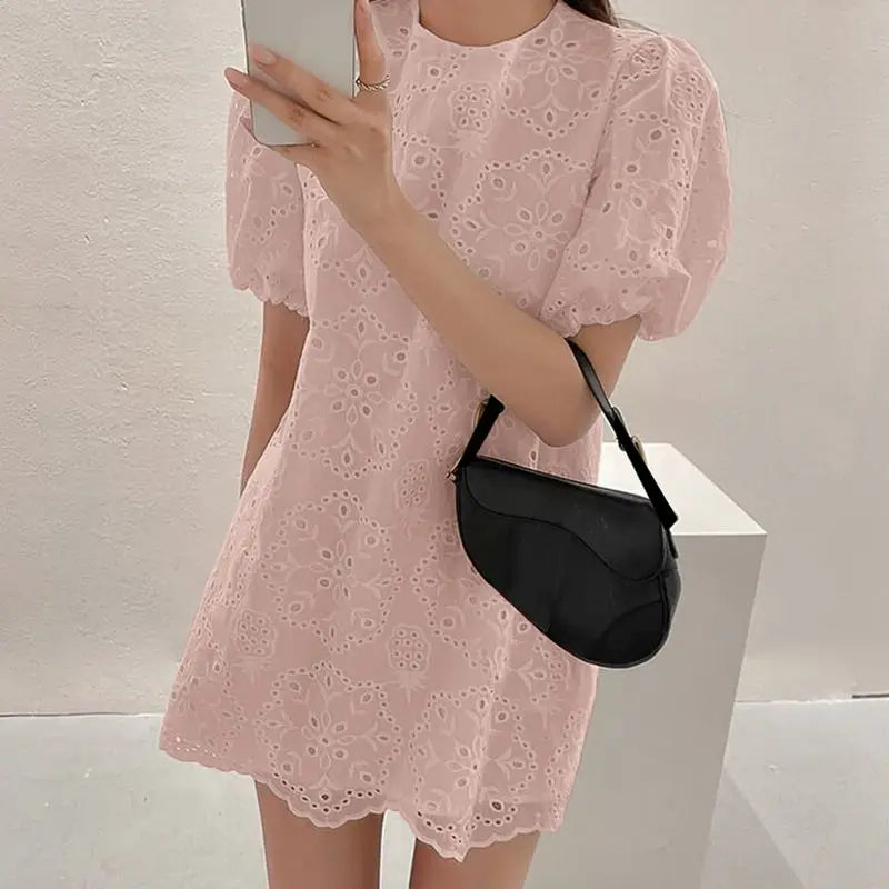 Cotton Sundress With Puff Sleeve Mini For Women Round Neck