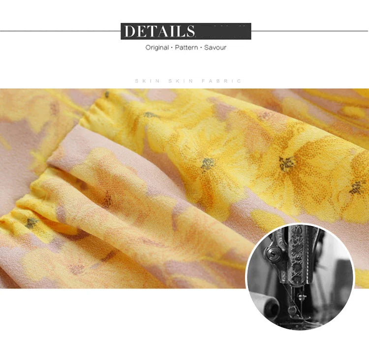 Floral Chiffon Dress For Women V Neck A Line Dress