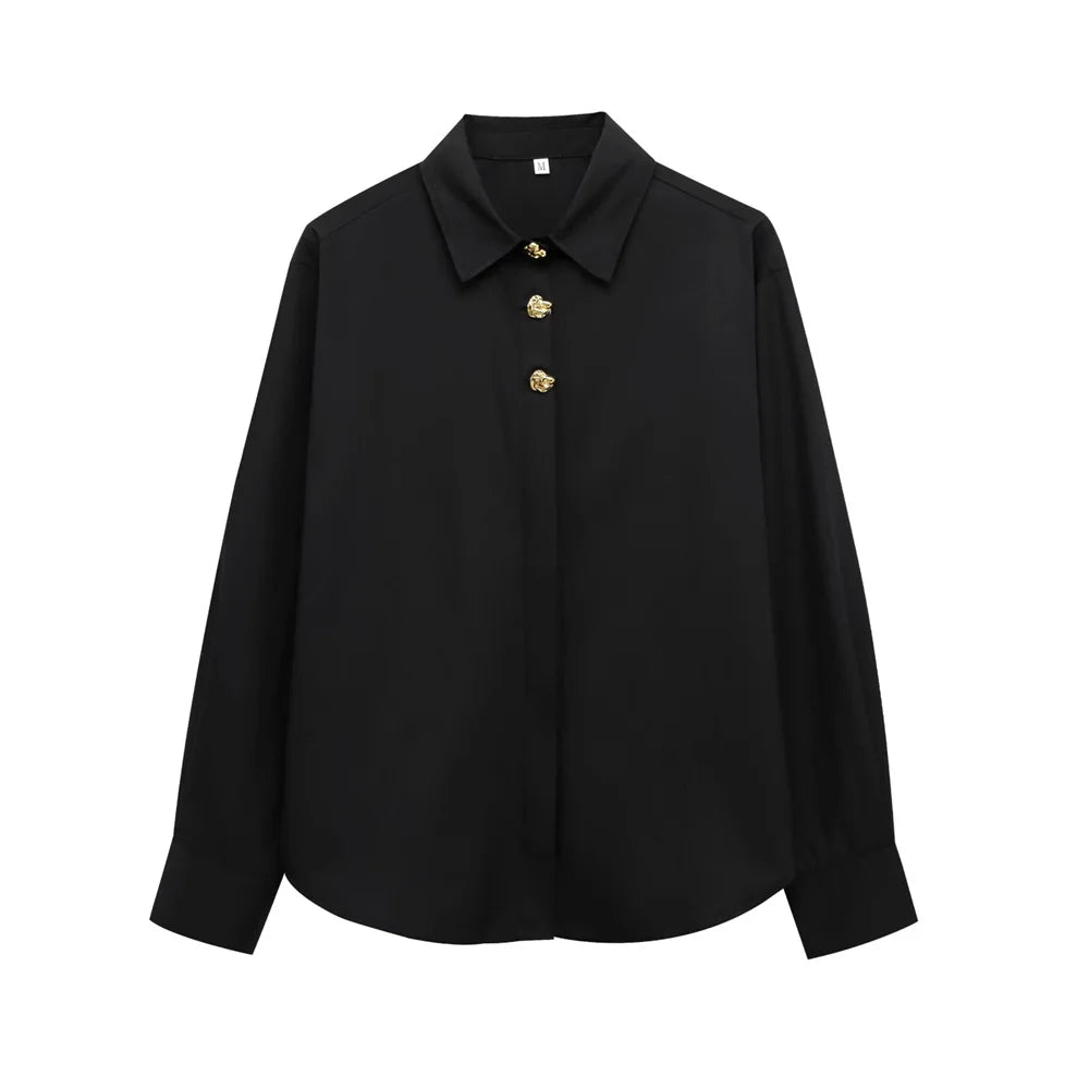 Solid Color Casual Collar Long Sleeve Poplin Shirt for Women with Gold Buckle Accent and Loose Fit