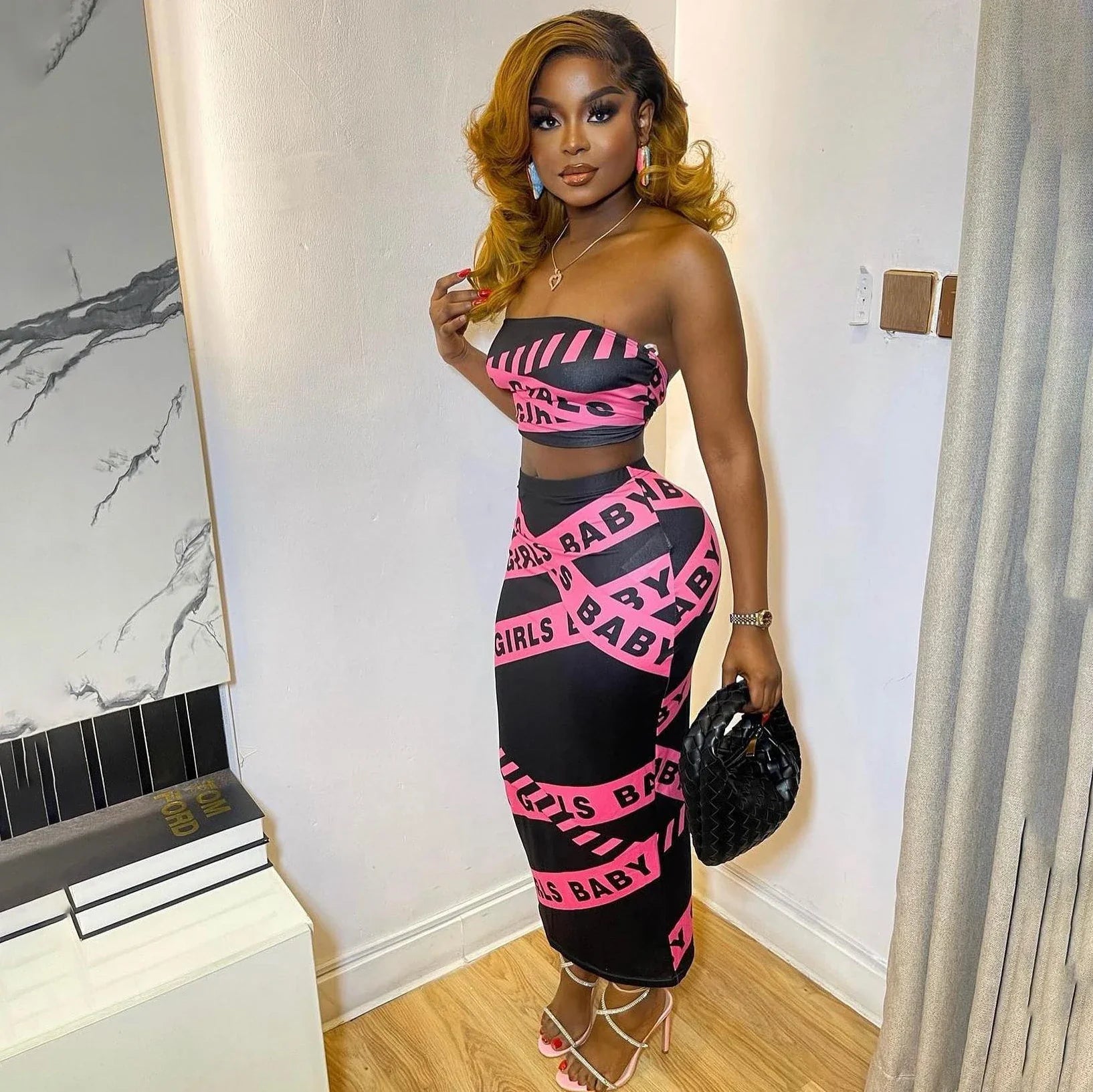 Women's Autumn Two-Piece Set Sleeveless Retro Letter Print Strapless Top with High Waist Slim Skirt Casual Streetwear Outfit