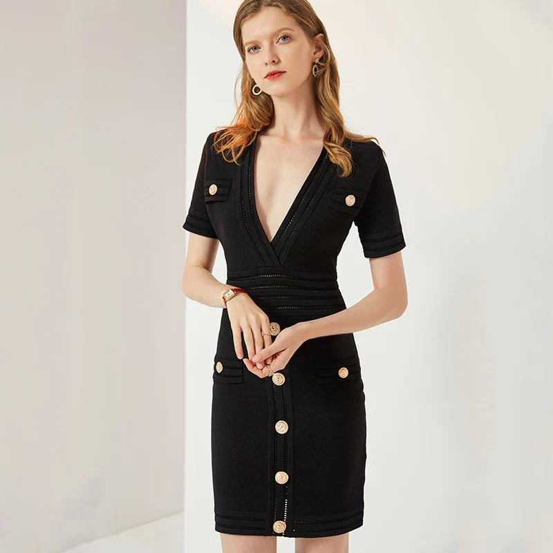 V Neck Knit Short Sleeve Black Sheath Dress With Elastic