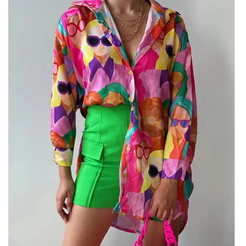 Casual Long Sleeve Turn Down Collar Blouse Loose Fit Printed Shirt Fashionable High Street Tops for Women