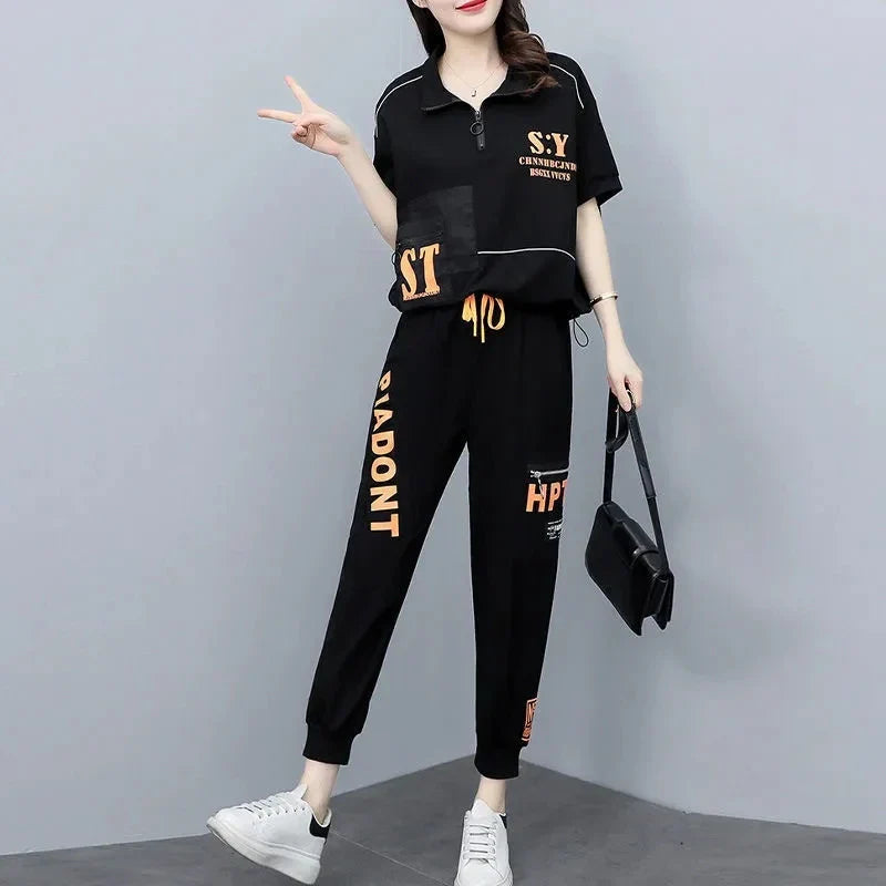 Women's Summer Korean Style Sports Suit Loose Short Sleeve Top and Pencil Pants Two Piece Set