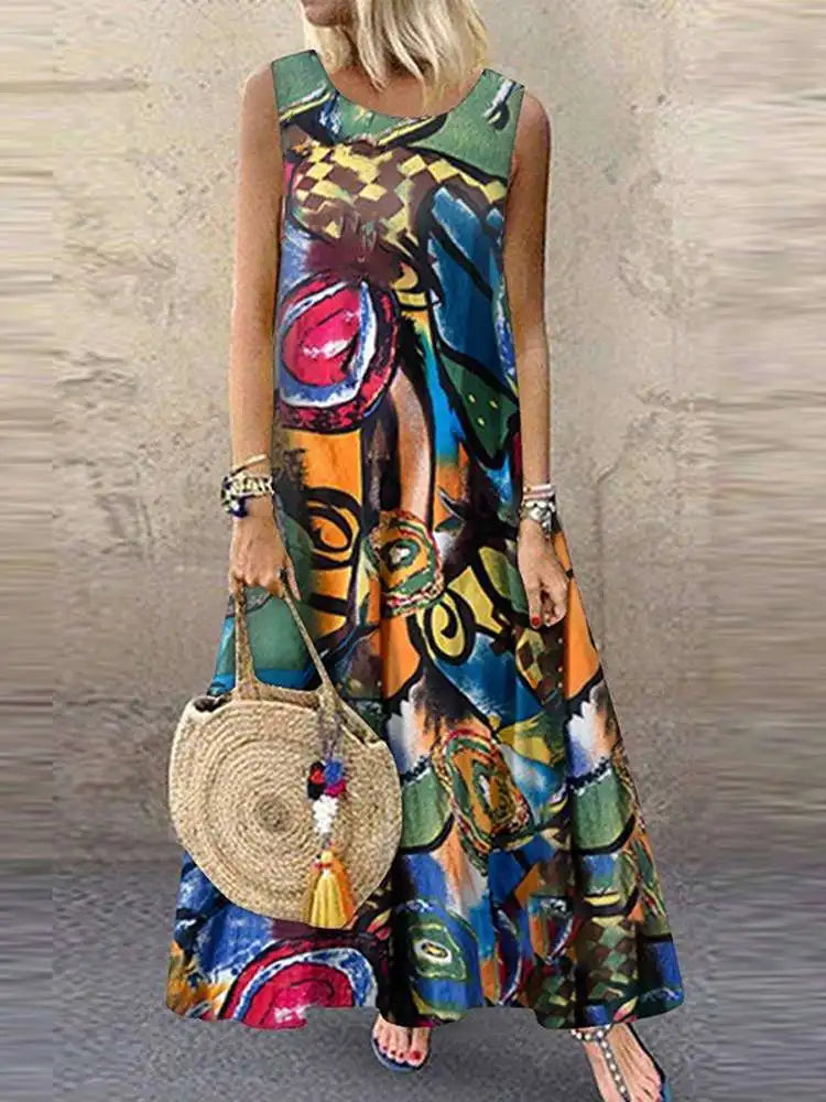 Bohemian Floral Dress Women Sleeveless O Neck Sundress