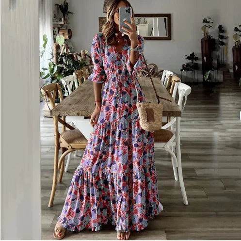 Bright Summer Maxi Dress V Neck Printed For Women Vacation