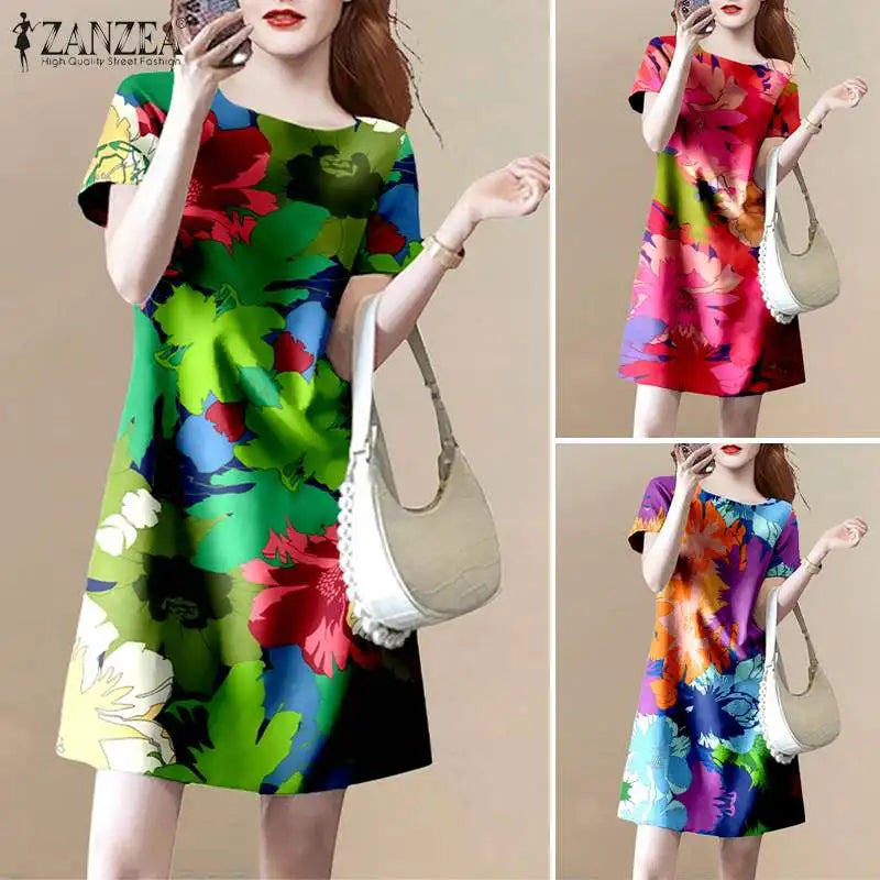 Floral Print Knee Length Summer Dress With Short Sleeve
