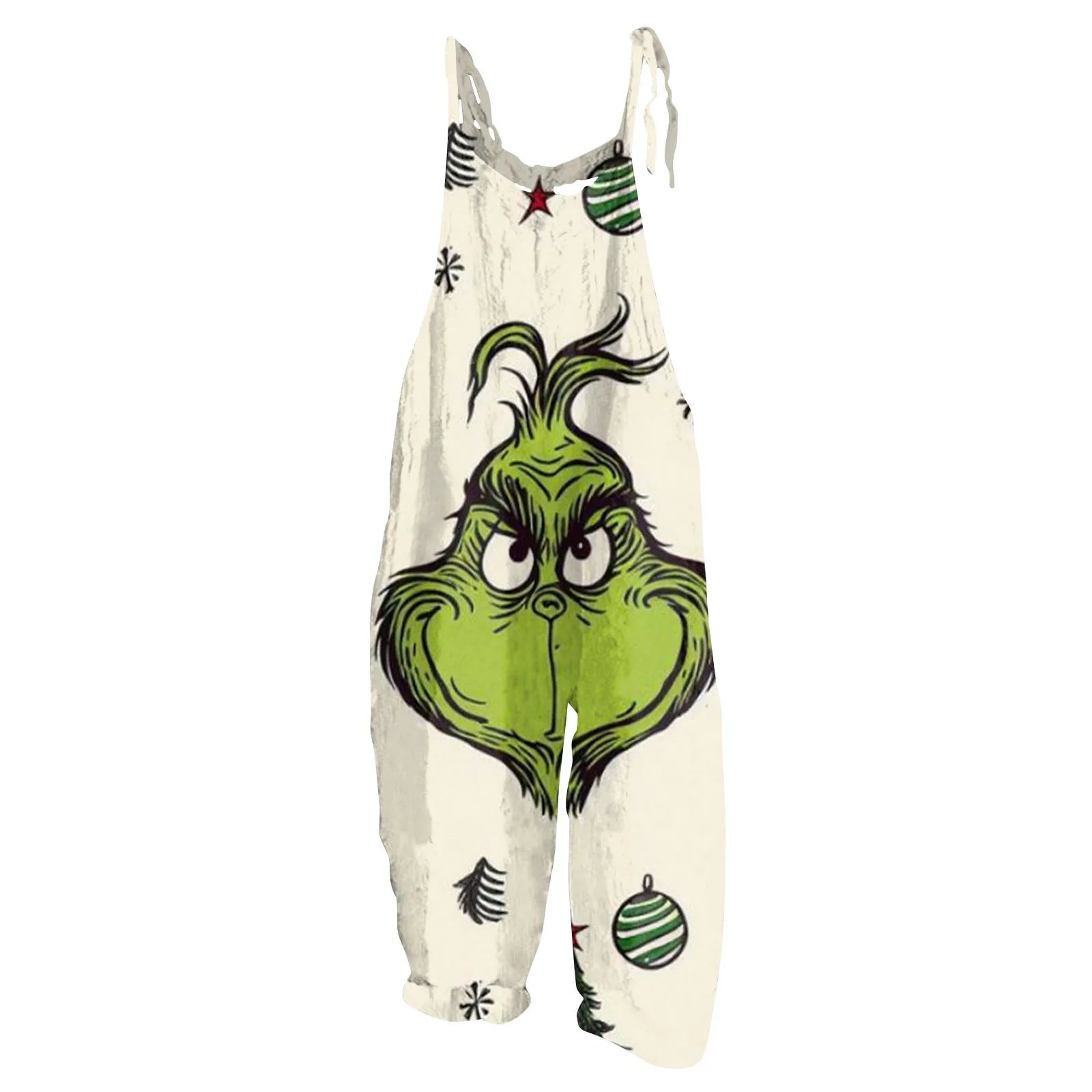 Kawaii Cartoon Print Casual Loose Vintage Strappy Jumpsuit Women's Fashion Festival Pants with Christmas Theme