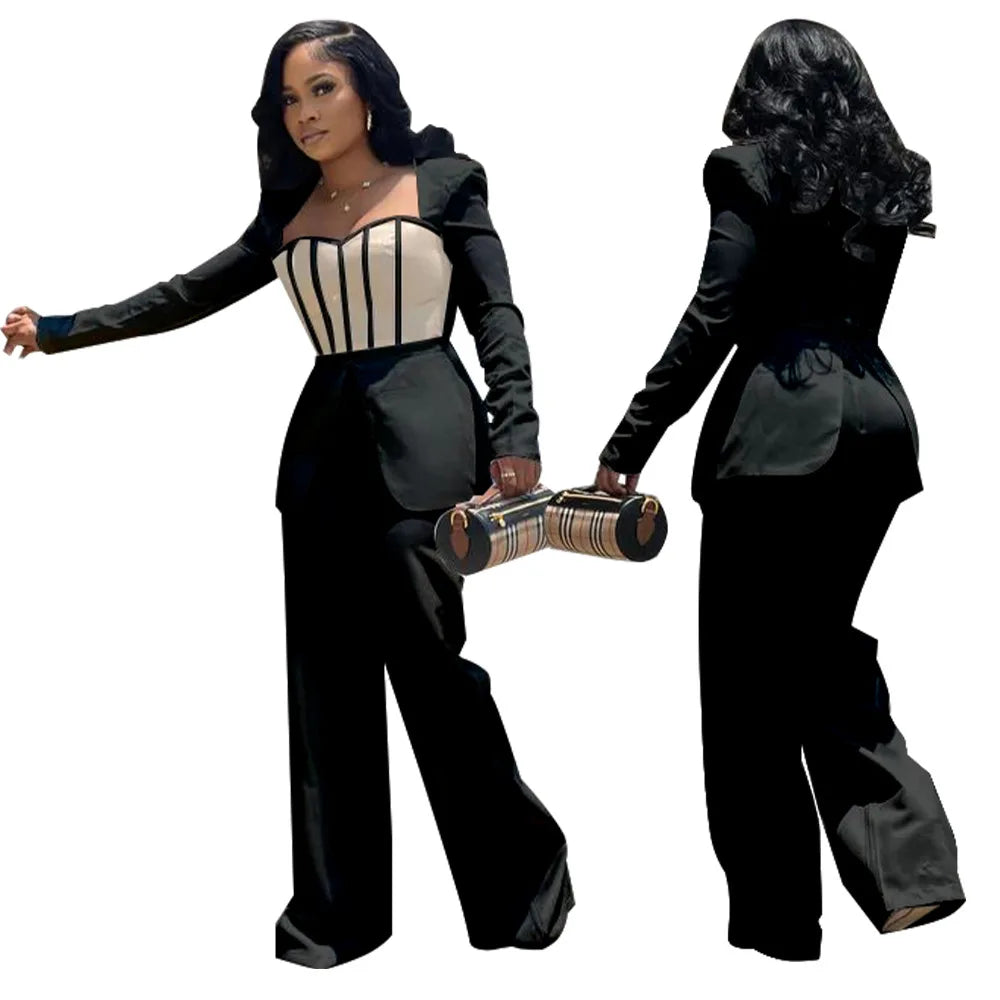 Women Long Sleeve Patchwork Romper Jumpsuit with Waist Cincher Wide-Leg Pants Elegant Office and Party Playsuit