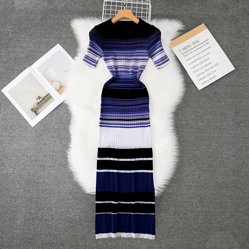 Wrap Bodycon Dress Women Knitted Striped Long Summer Dress