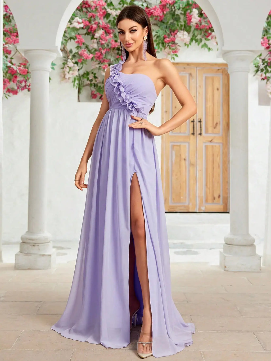 One Shoulder Floral Chiffon Evening Gown Asymmetric Back