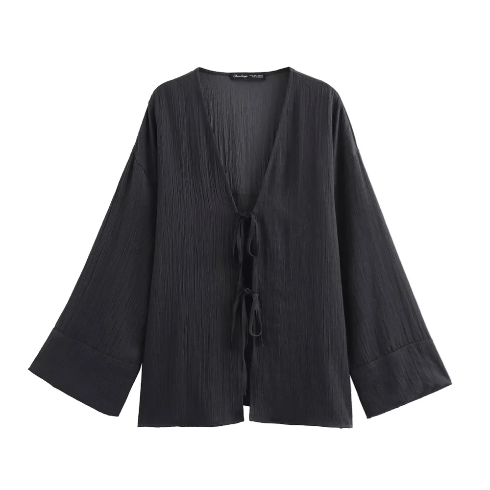 Elegant Kimono Style Women's Long Sleeve V Neck Shirt Jacket and Matching Long Pants Set with Textured Fabric and Refined Temperament