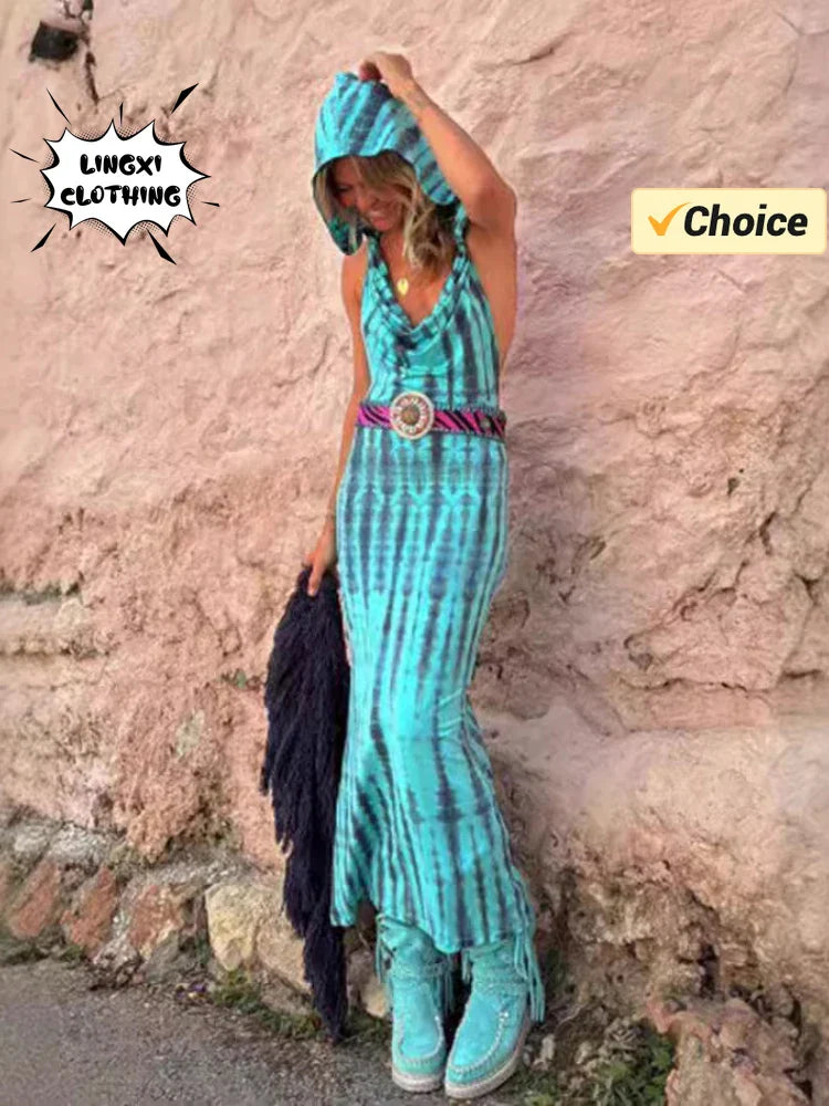 Open Back Maxi Dress Hooded Tie Dye Ethnic Style Chic