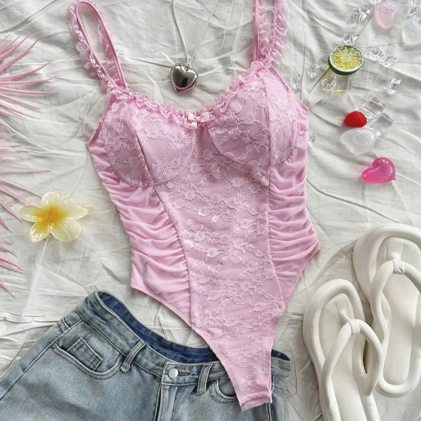 Romantic Lace Knit Sling Jumpsuit with Wooden Ear Edge Casual Vintage Holiday Dress for Women