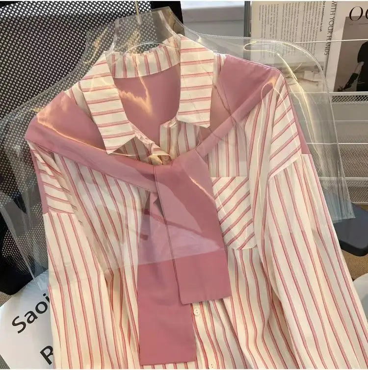 Sweet Stripe Print Long Sleeve Shirt with Layered Two-Piece Design Elegant Chic Blouse for Women
