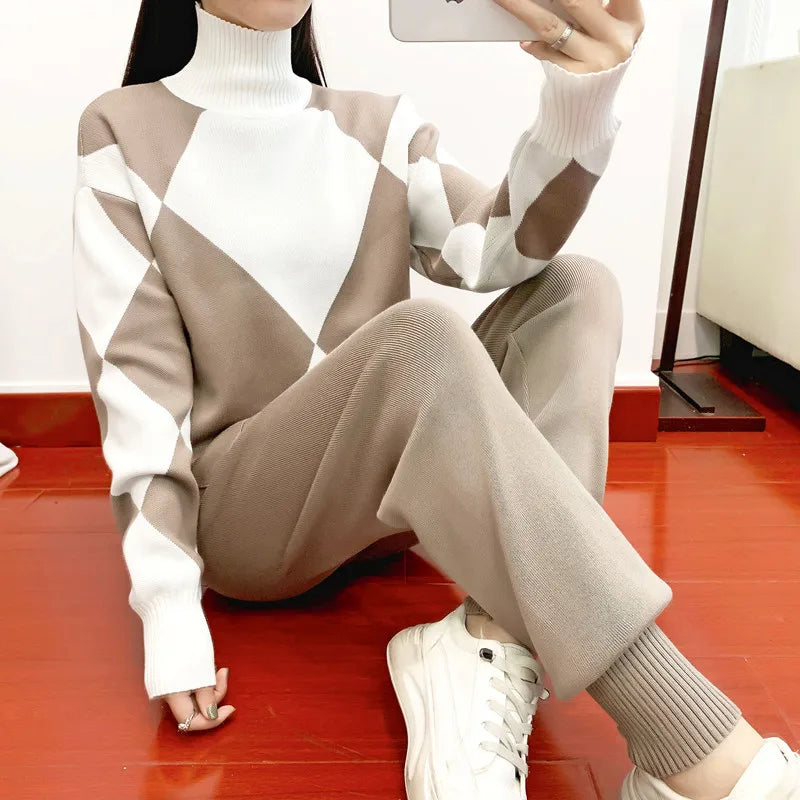 Women's Thick Soft Knitted Sweater and Long Pant Set Casual 2PCS Track Suit for Autumn and Winter