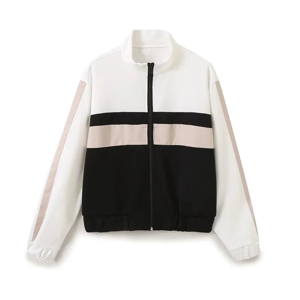 Side Striped Zipper Pilot Jacket and High Waist Elastic Casual Pants Set for Women