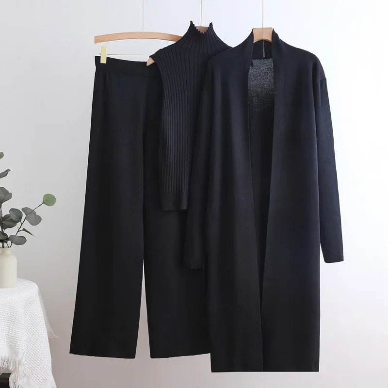Elegant Women's Knitted 3-Piece Winter Outfit Set with Long Sleeve Cardigan, High Neck Vest, and Wide Leg Pants