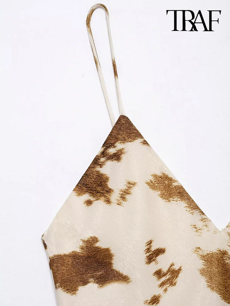 Satin V Neck Halter Dress With Mistletoe Print Elegant