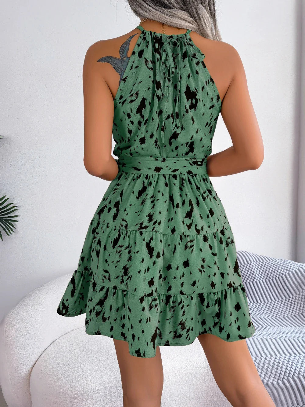 Leopard Print Sleeveless Halter Dress With Ruffle Hem