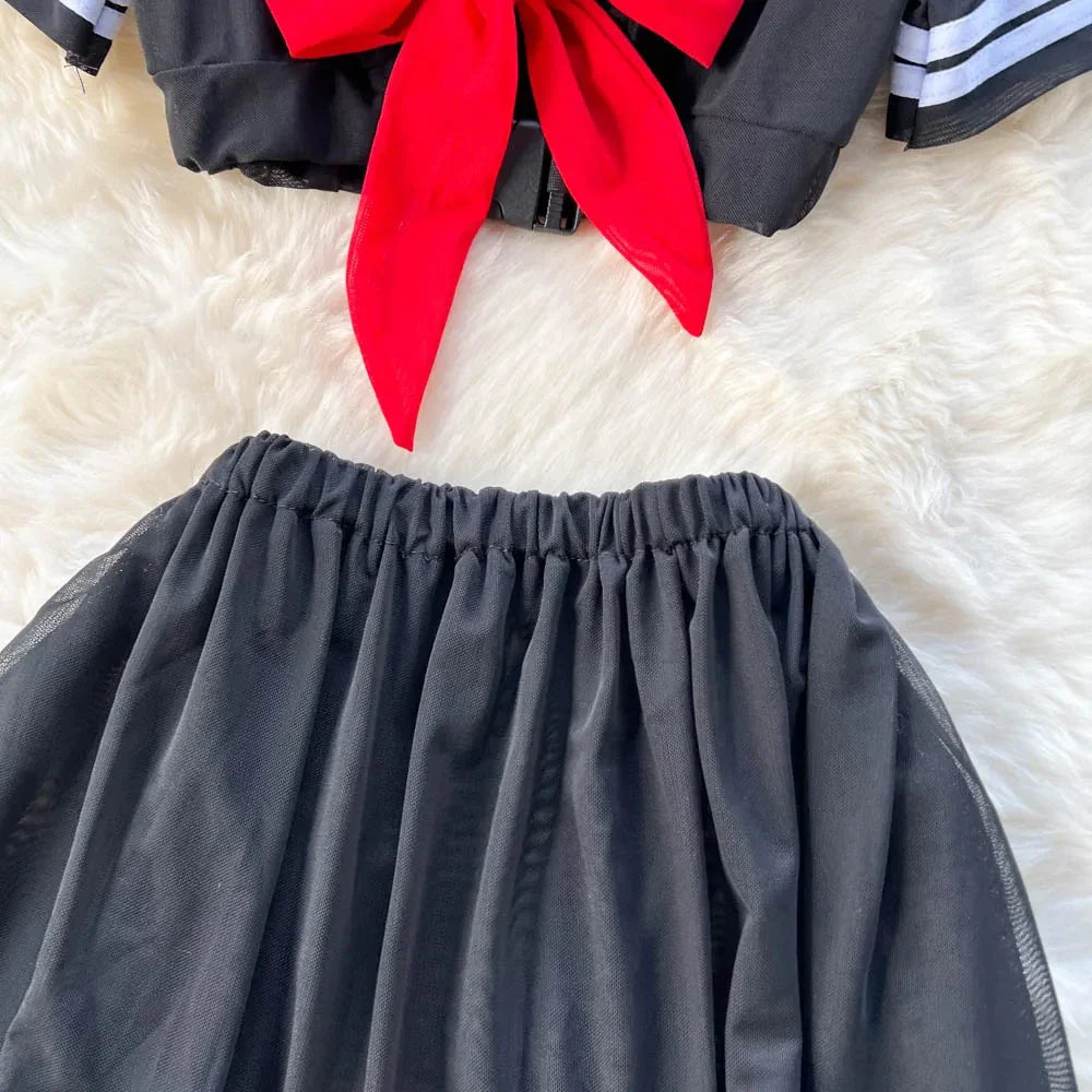 Sweet Sailor Style Sheer Lingerie Set for Women with Short Sleeve Bow Tie Top and Pleated Mini Skirt