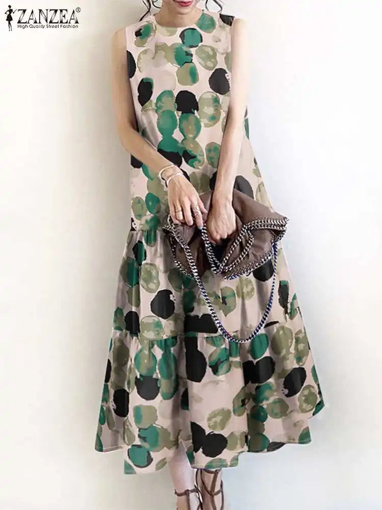 Bohemian Floral Sleeveless Sundress For Women With Ruffles