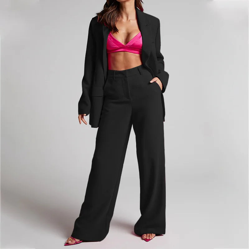 Elegant Women's Blazer Set with High Waisted Pants for Stylish Office Wear in Solid Colors Perfect for All Seasons