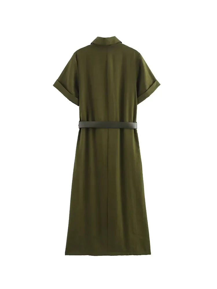 Women Summer Solid Midi Dress Belted Short Sleeve Elegance