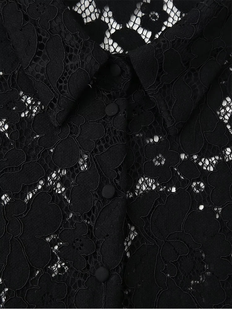 Black Lace Embroidered Short Shirt with Long Sleeves Elegant Autumn and Winter Fashion Top