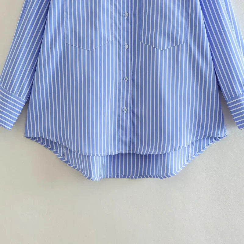 Women's Striped Loose Fit Long Sleeve Shirt Soft Blue Autumn Blouse Stylish Office Wear Top