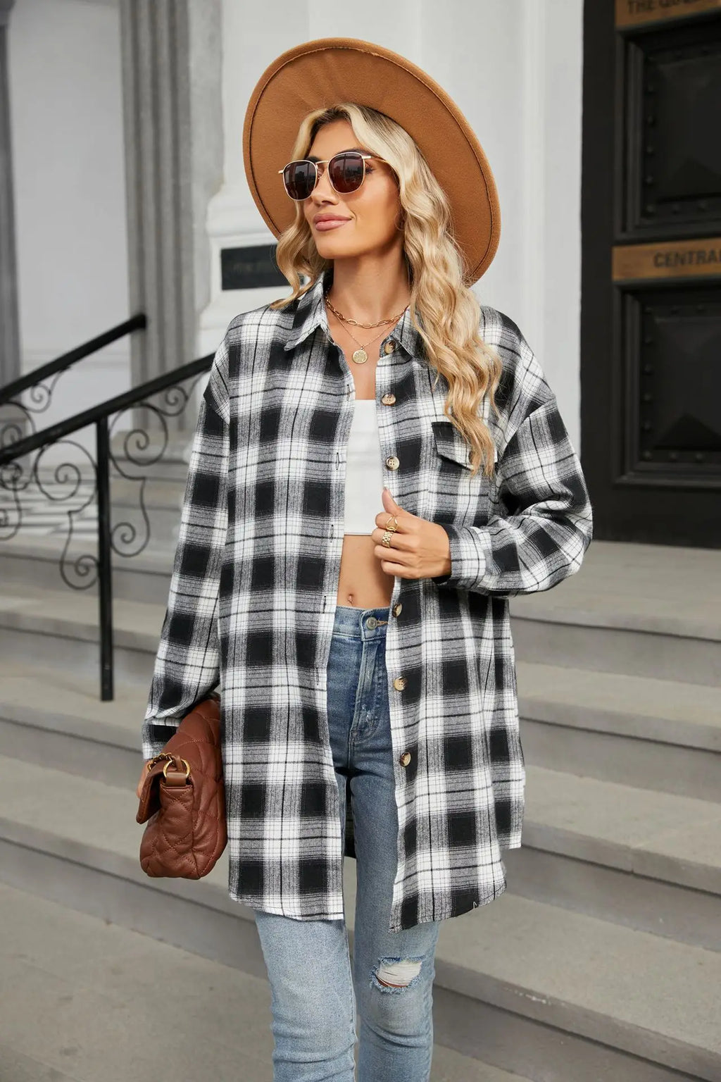 Women's Casual Plaid Button Up Blouse Long Sleeve Turn Down Collar Shacket Plus Size Loose Fit Streetwear Top