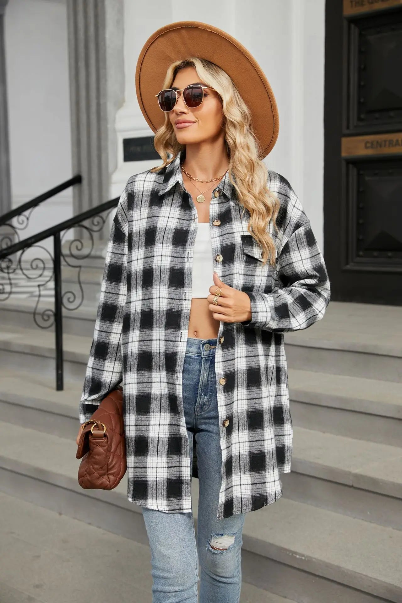Women's Casual Plaid Button Up Blouse Long Sleeve Turn Down Collar Shacket Plus Size Loose Fit Streetwear Top